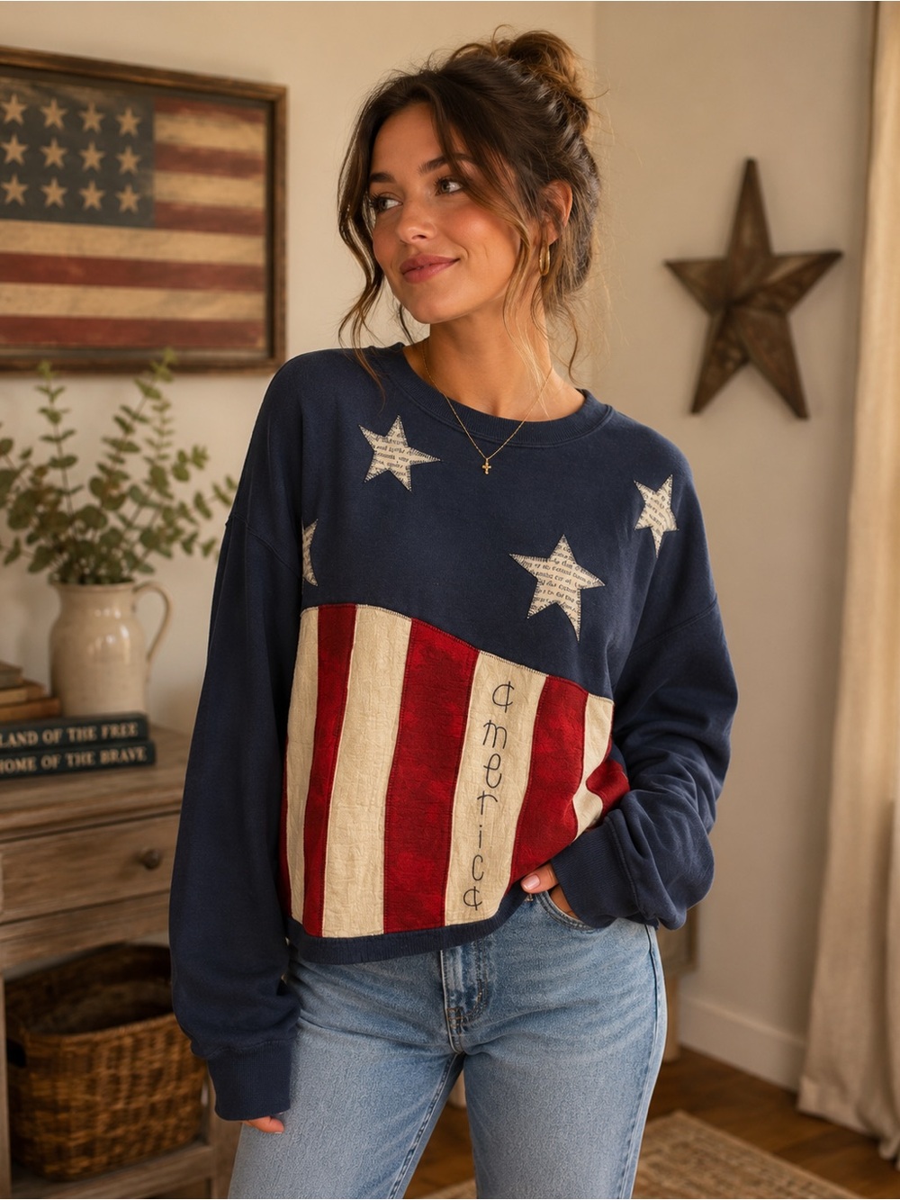 Vintage Jerzees Navy Sweatshirt with Red and Cream Accents